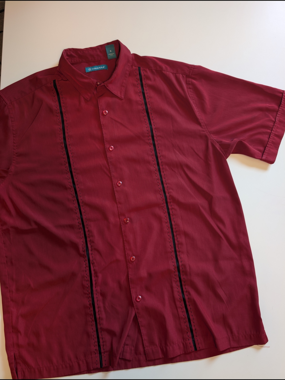 Cubavera Men L Guayabera Shirt Burgundy Red Embroidered Panel Short Sleeve Camp